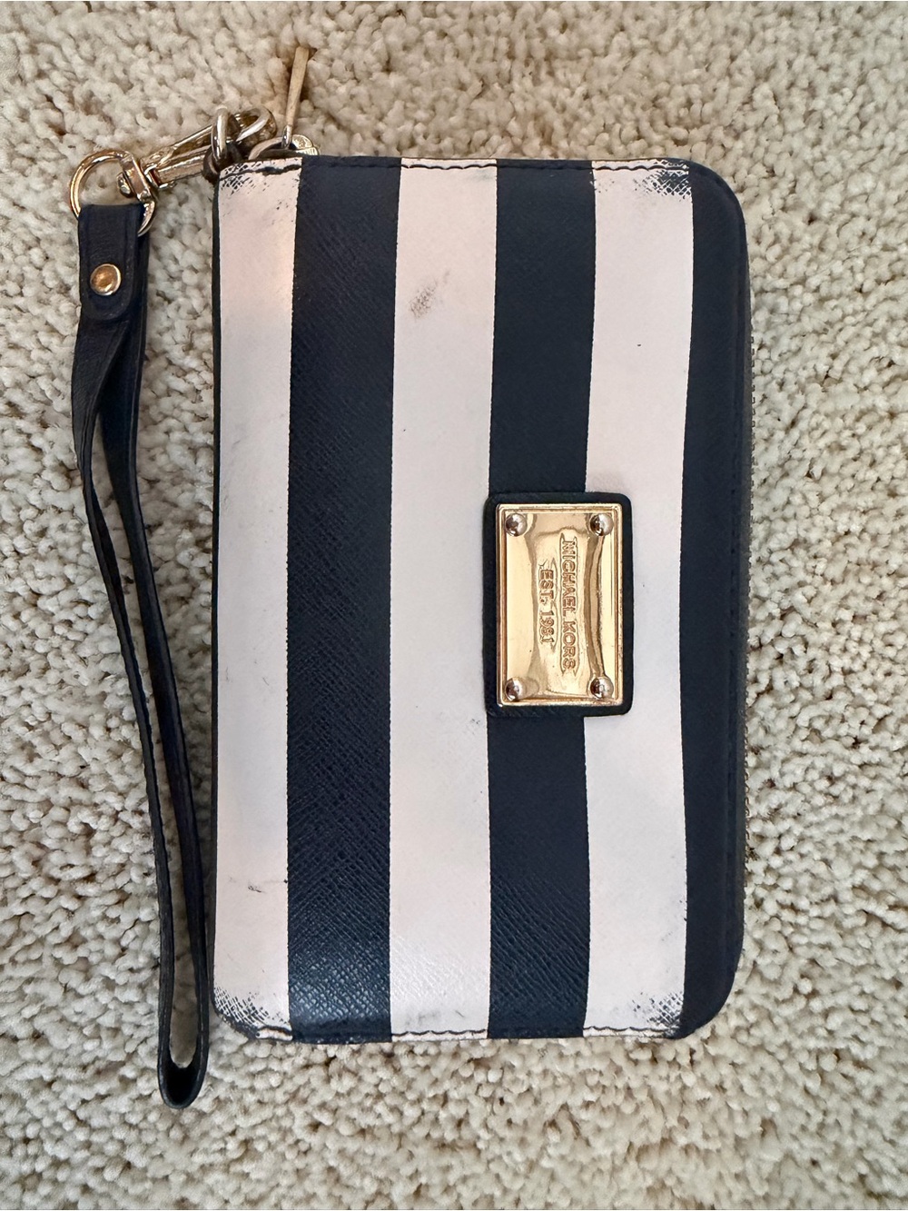 Michael Kors Navy & White Striped Wristlet with Gold Plate